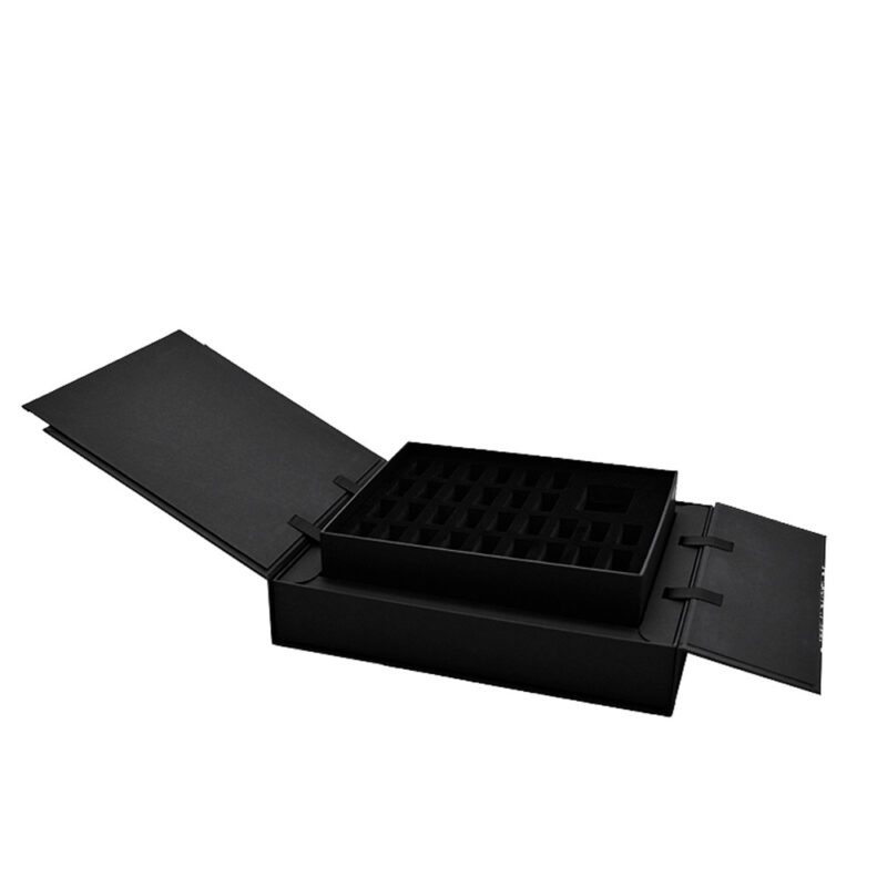 黒い磁気閉鎖した両開き扉の開いた香水箱の売り手 Black Magnetic Closed Double Door Open Perfume Boxes Vendor